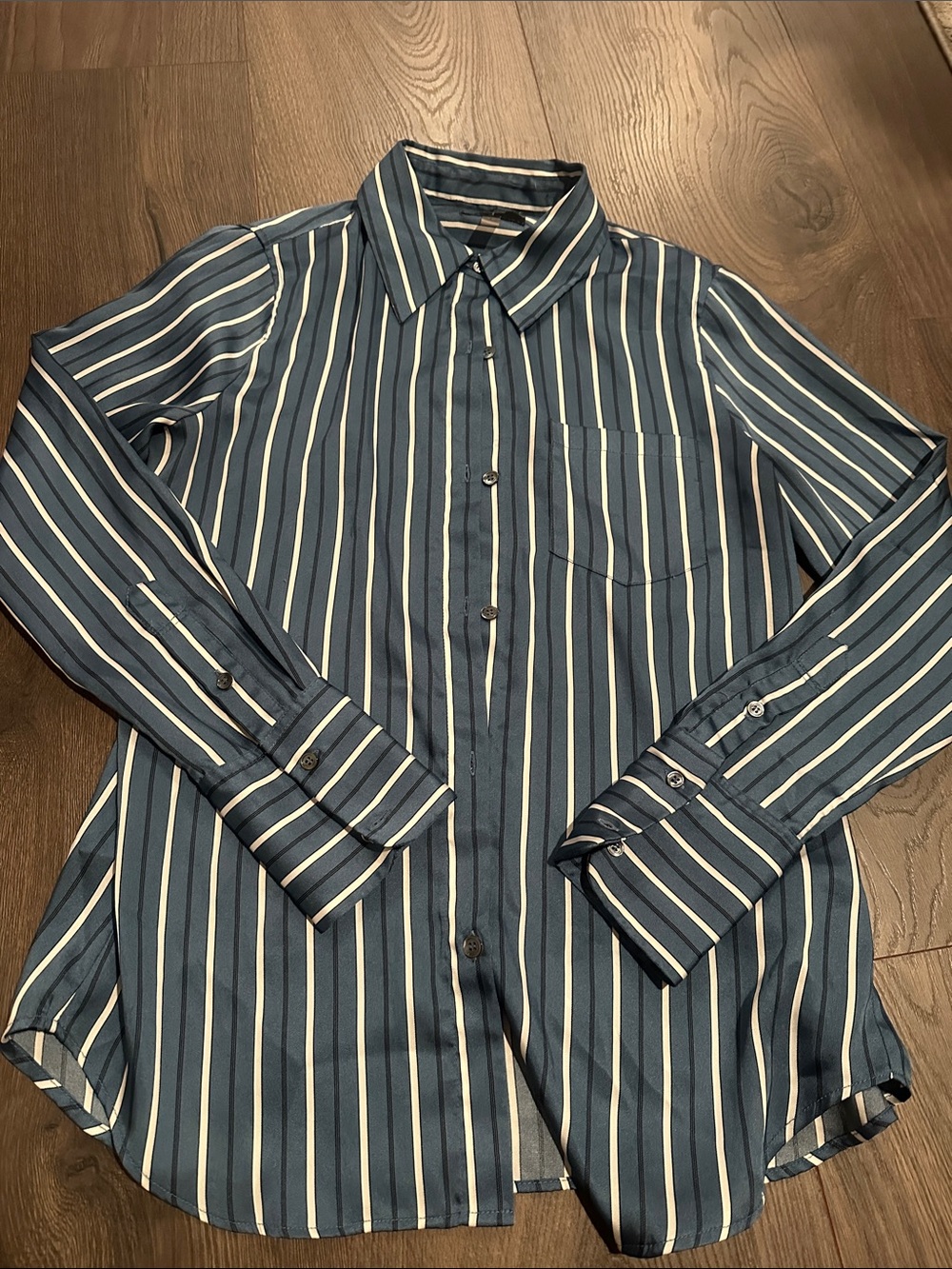 Tahari Navy and White Vertical Stripe Button-Down Shirt
